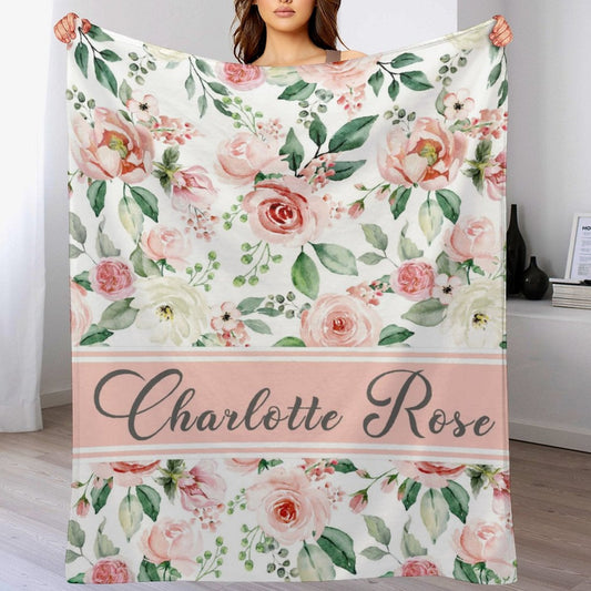 ️Personalized Pink Floral Rose Custom Name Baby Blanket