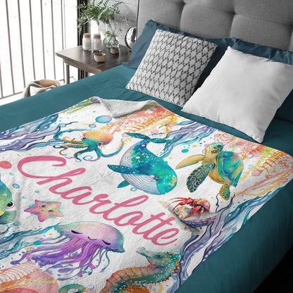 ️Personalized Baby Toddler Name Blanket-Watercolor Sea Animals