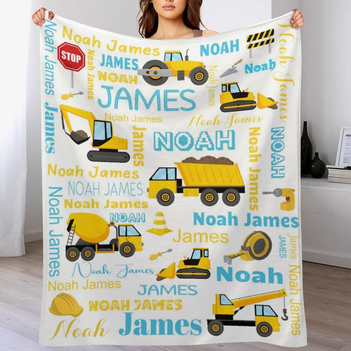 ️Personalized Toddler Blanket Light Construction Truck Kids Custom Blanket