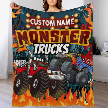 ️Custom Name Monster Cartoon Truck Kids Blanket