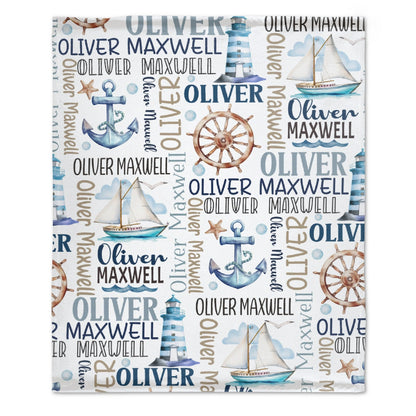 ️Personalized Baby Blanket - Custom Name Baby Gift - Sailboat Anchor theme, Nautical Swaddle Blanket