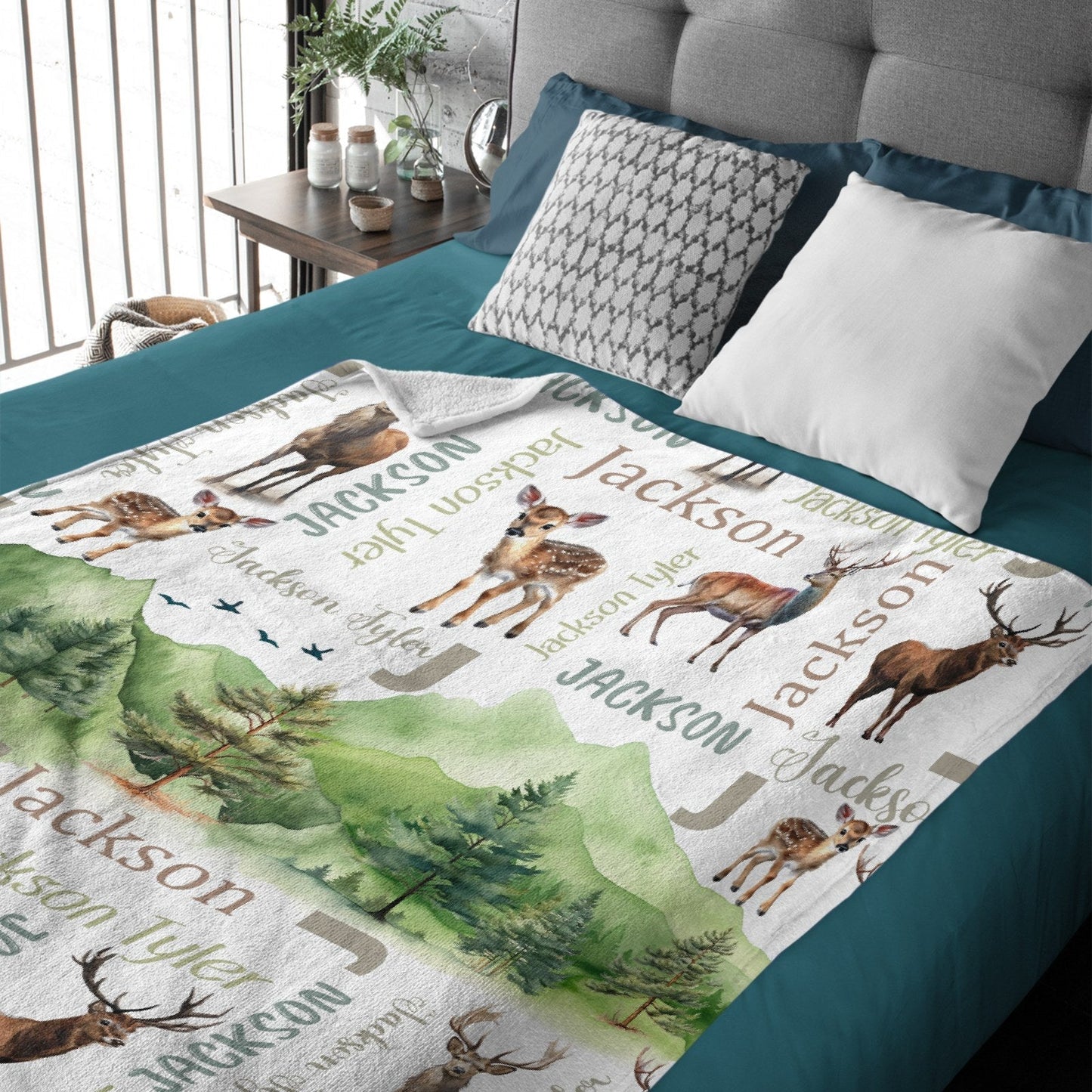 ️Personalized Woodland Deer Name Pattern Baby Blanket