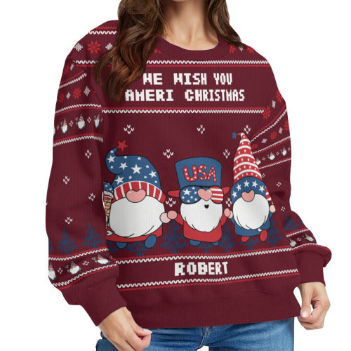 Personalized Ugly Sweater - America Gnome We Wish You Ameri Christmas