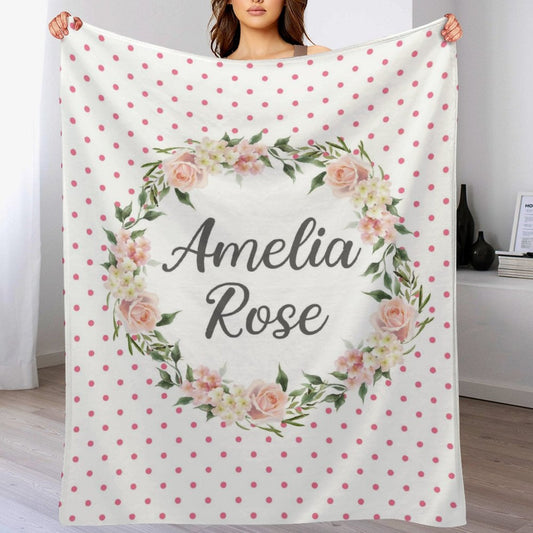 ️Personalized Name Custom Blanket - Toddler baby Girl Pink Rose Pink Polka Dot Sherpa - Personalized Baby Shower Gift