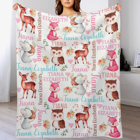 ️Woodland Animals Personalized Baby Girl Blanket
