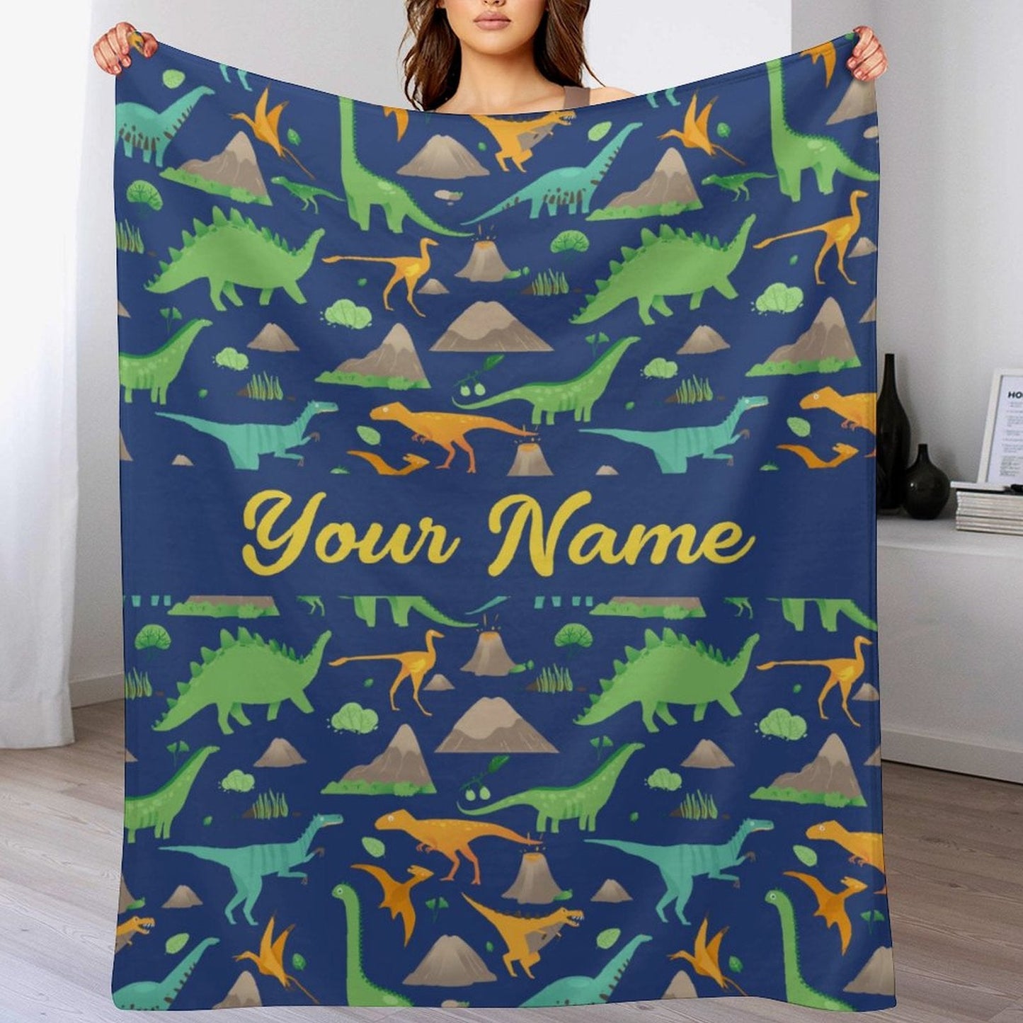 ️Personalized Custom Dark Blue Dinosaur Blanket for Kids - Boys Girls Baby Toddler Infants Blankets for Bed