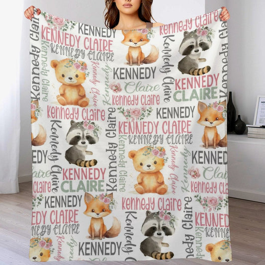 ️Personalized Girl Pink Floral Woodland Animals Baby Name Blanket