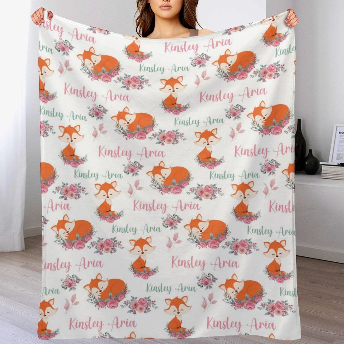 ️Personalized Pink Floral Fox Blanket