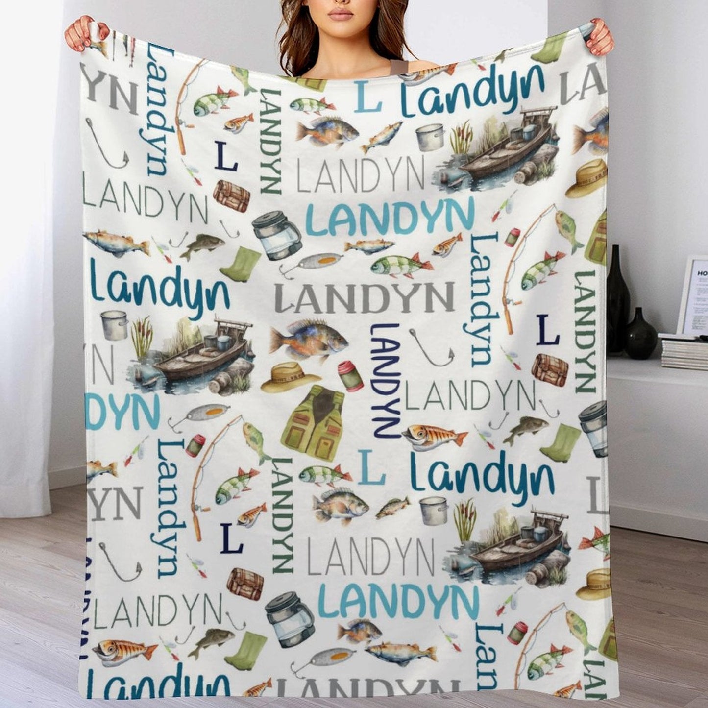 ️Personalized Name Blanket Baby Blanket- Fishing Blanket - Name Pattern - Fishing