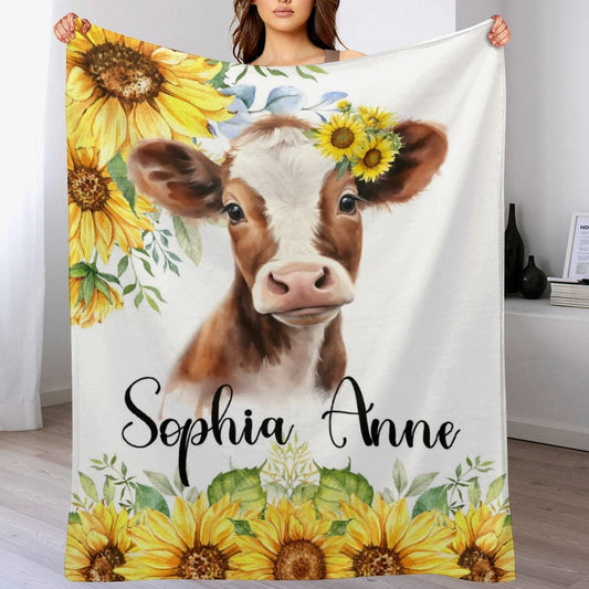 ️Personalized Custom Name Baby Blanket - Red Floral Watercolor Roses,Sunflowers, Farm Animal Cow Blanket