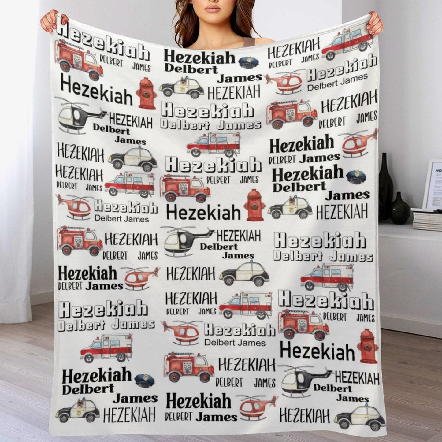 ️Personalized Emergency Vehicles, Cop car, Fire truck Baby Name Blanket
