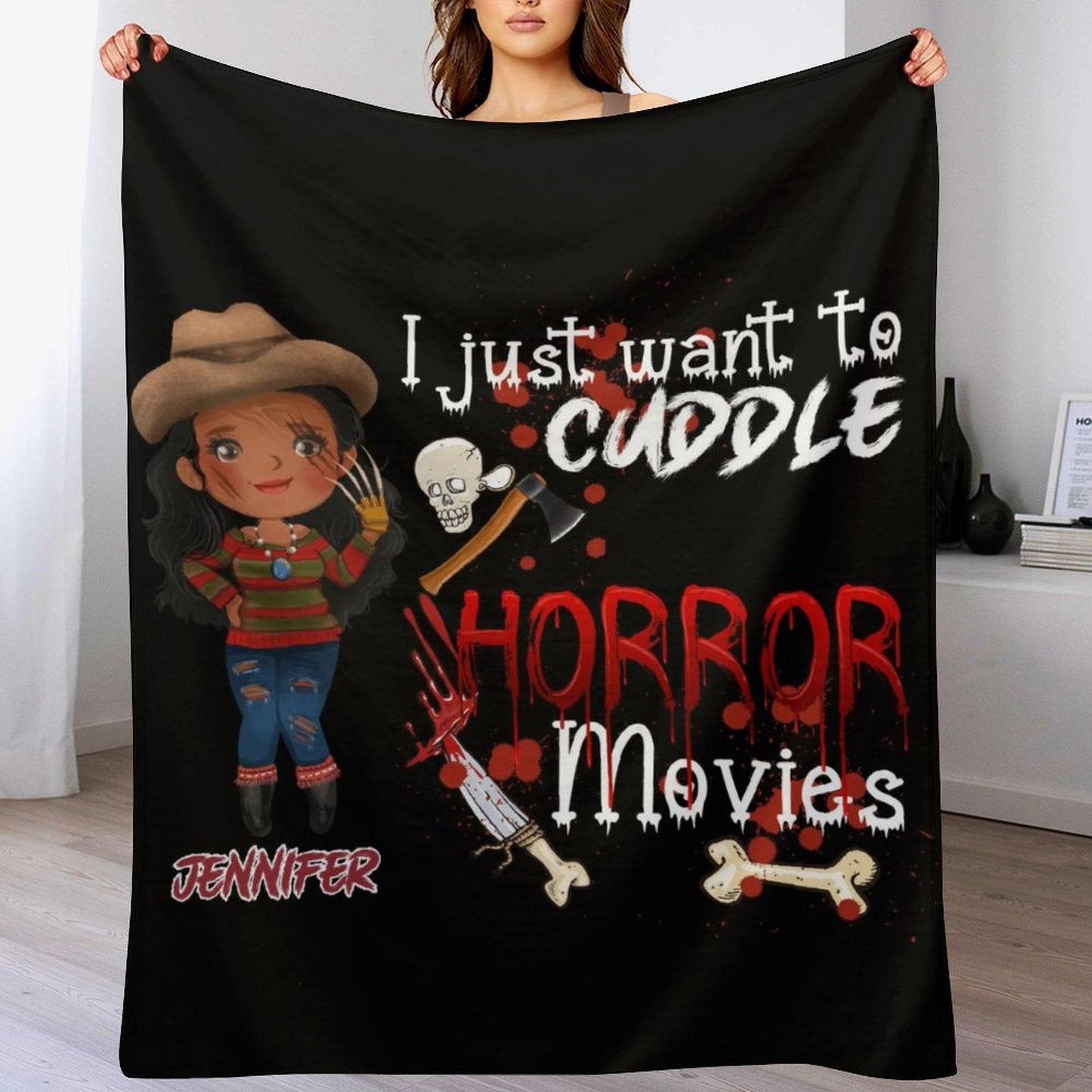 ️Personalized Custom Halloween Blanket-I Just Want To Cuddle And Watch Horror Movies