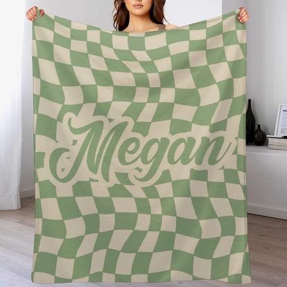 ️Personalized Checker Pattern in vintage rustic style blanket with Name, Custom blanket gift