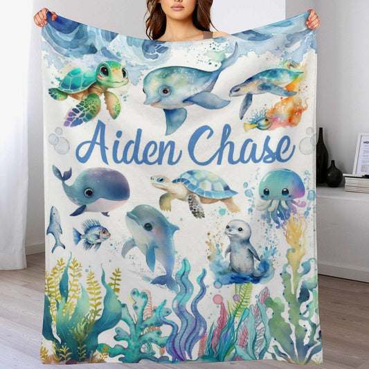 ️Whale Shark Fish Ocean Personalized Name Baby Blanket