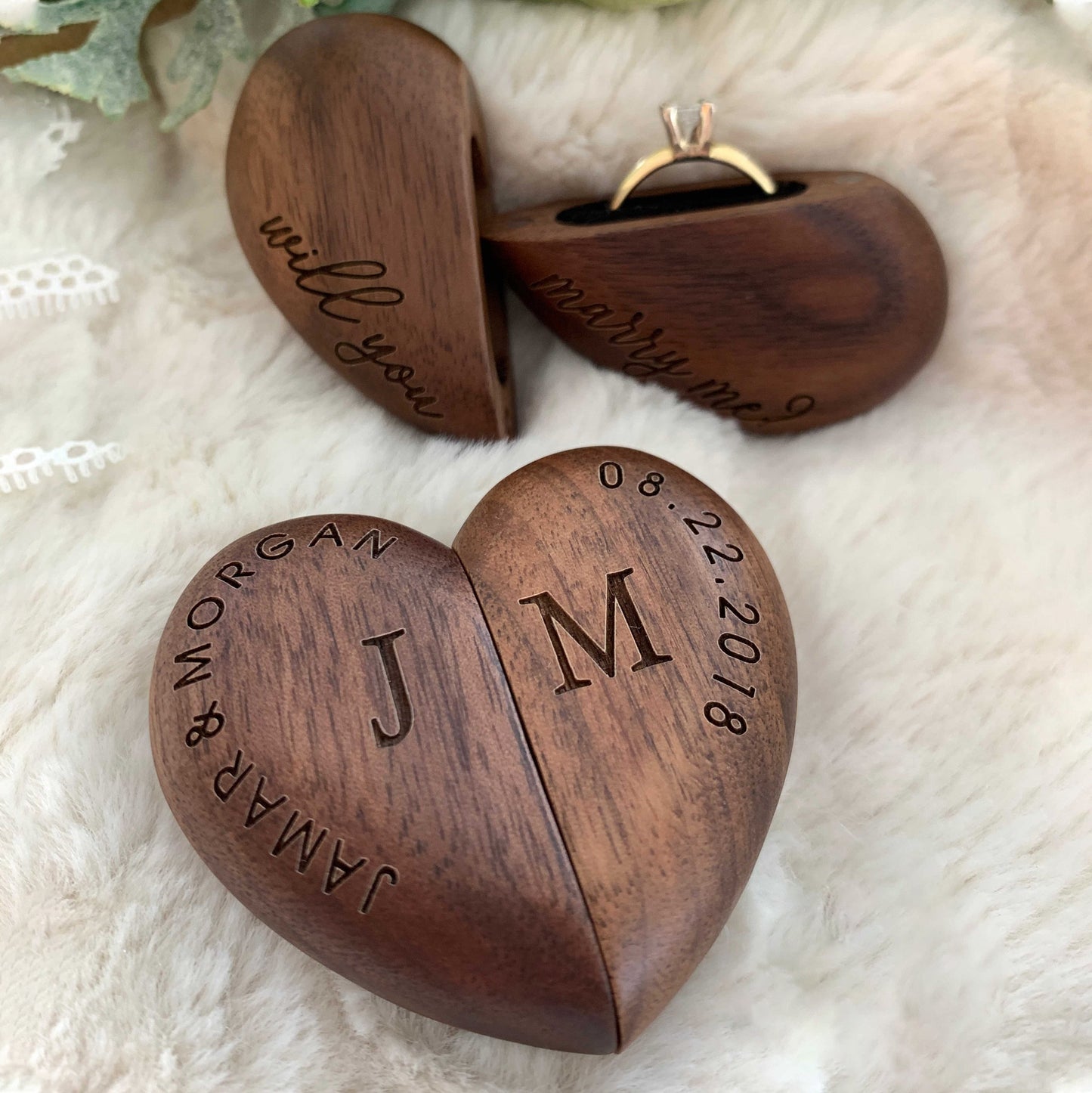 Custom Engraved Wood Heart Ring Box