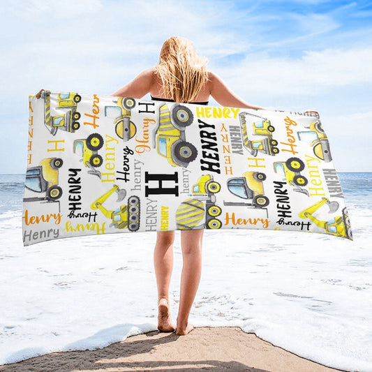 Personalized Name Construction Beach Towel - Gift For Baby Birthday - Yulaki