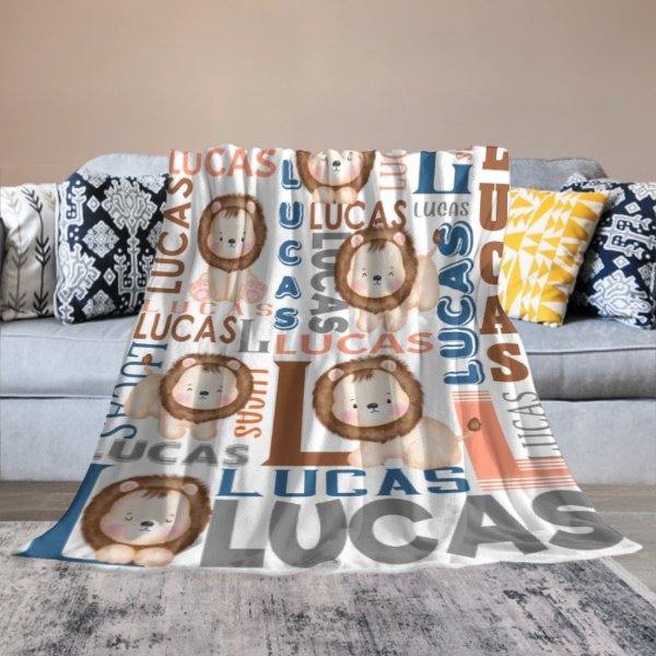 Personalized Name Lion Baby Blanket - Gifts for Kids - Yulaki