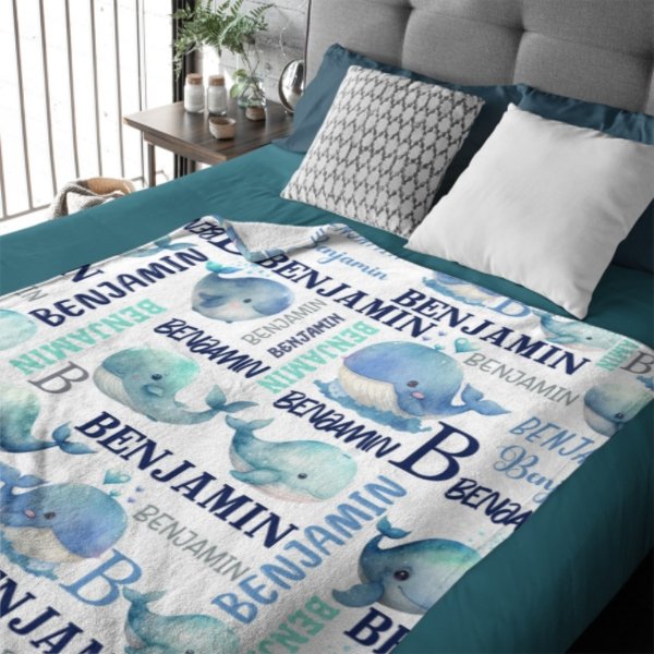 Personalized Sea Animal Whale Blanket - Baby Birthday Gift - Yulaki