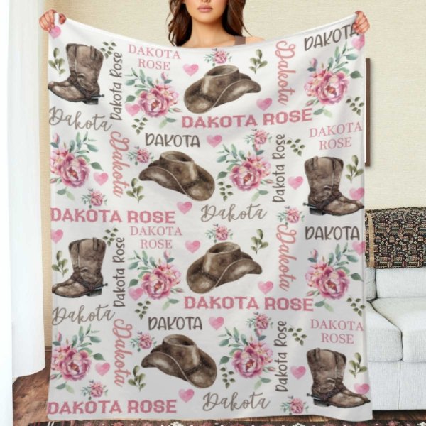 Pink Flower Cowgirl Girl Custom Blanket -Gift for Baby Shower Gift - Yulaki