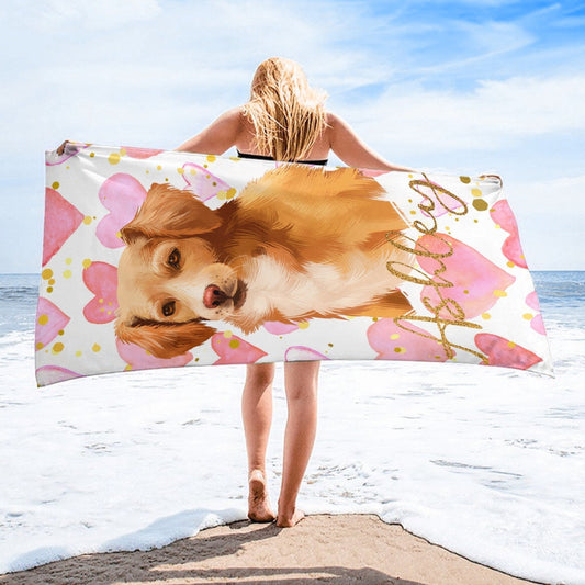 Portrait Pet Photo Name Custom Beach Towel - Customized Gift - Yulaki