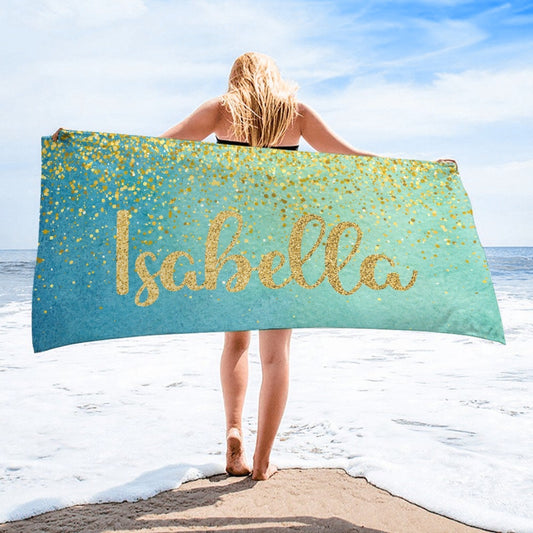 Sparkling Gold Name Personalized Beach Towel - Vacation Gift - Yulaki